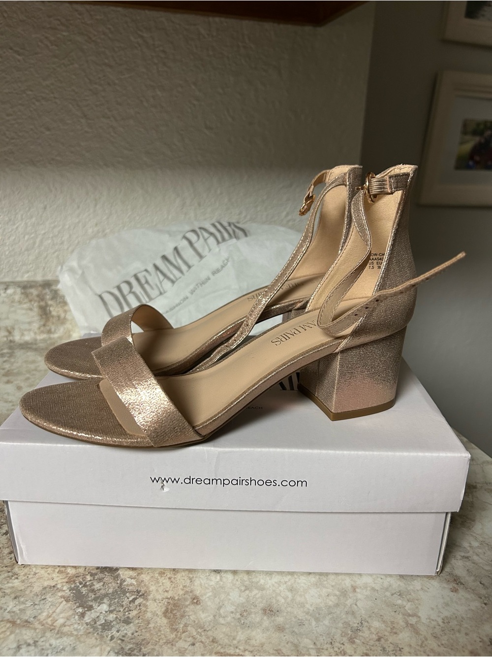 Worn Once • Dream Pairs Metallic Rose Gold Block Heel Sandals with Ankle Strap
